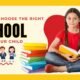 Young girl reading a book with a stack of colorful books beside her, with text 'How to Choose the Right School for Your Child