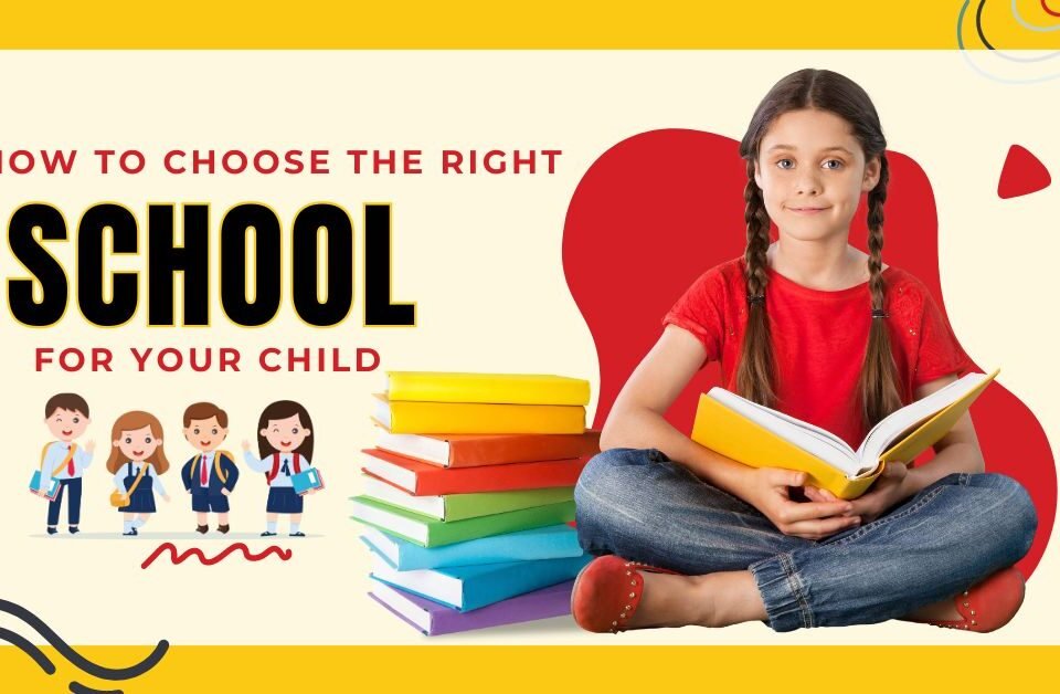 Young girl reading a book with a stack of colorful books beside her, with text 'How to Choose the Right School for Your Child