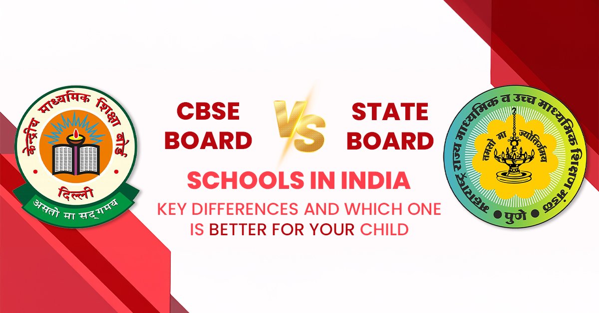CBSE Board vs State Board Schools in India: Key Differences and Which One is Better for Your Child, featuring CBSE and State Board logos with a red and white background.
