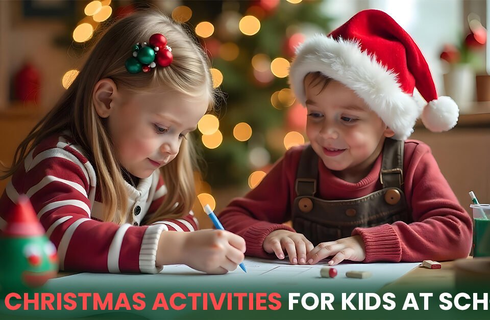 Two kids enjoying Christmas-themed crafts at school, with festive decorations and a glowing Christmas tree in the background.