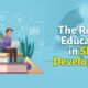 Student with a laptop on books, with educational icons and the text 'The Role of Education in Skill Development'