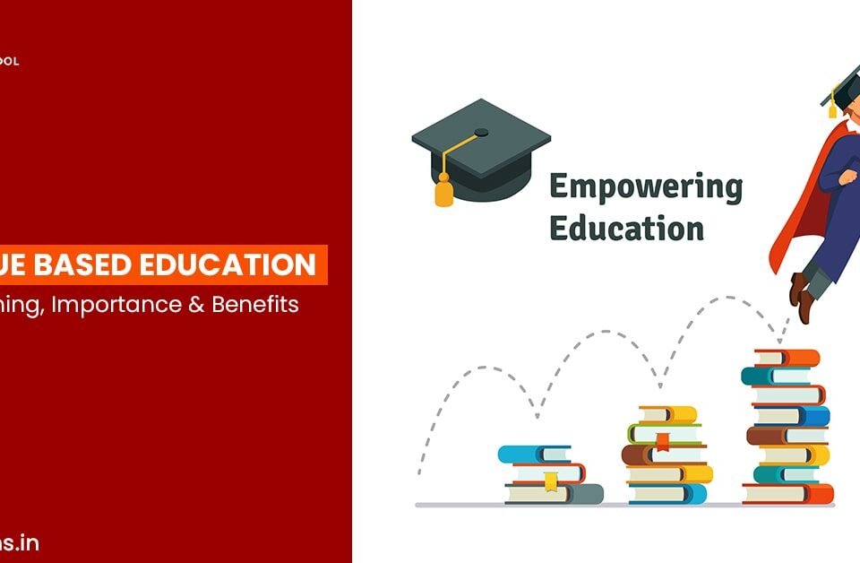 Illustration of value-based education with a student in a graduation cap flying upwards, symbolizing empowerment through learning. Stacks of books show academic growth, with the text 'Empowering Education' and 'Value Based Education: Meaning, Importance & Benefits' displayed.
