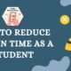 Illustration of a student holding a phone with text "How to Reduce Screen Time as a Student" on a blue background.