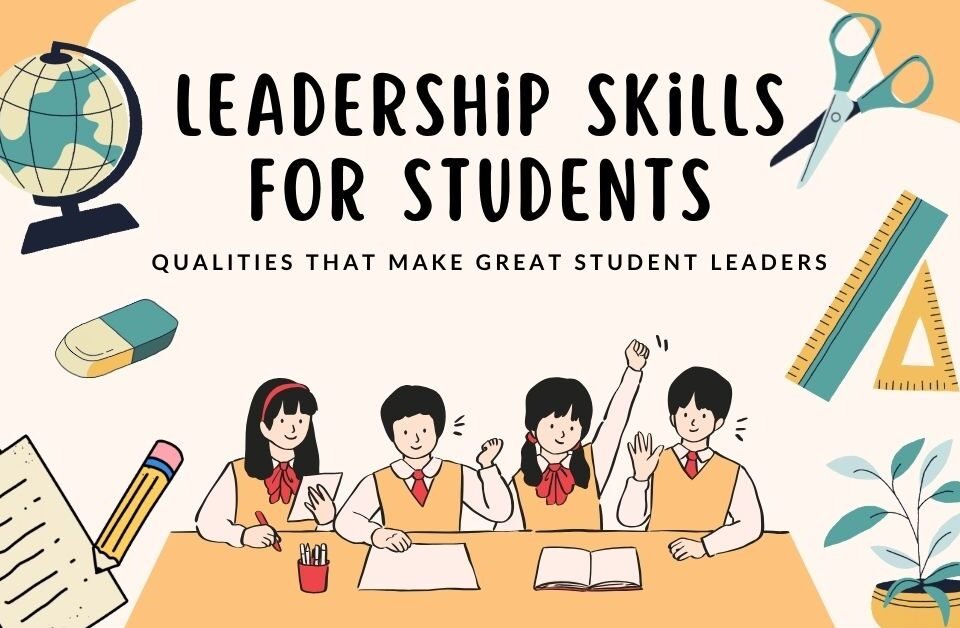 Leadership skills for students banner with kids, globe, stationery, and text on qualities of great student leaders