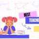 Illustration of a teacher helping a smiling student with books and math drawings, with text saying 'Best Teachers in the World'