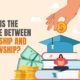 Illustration of students with books, money, and a graduation cap, highlighting the difference between scholarship and fellowship funding.