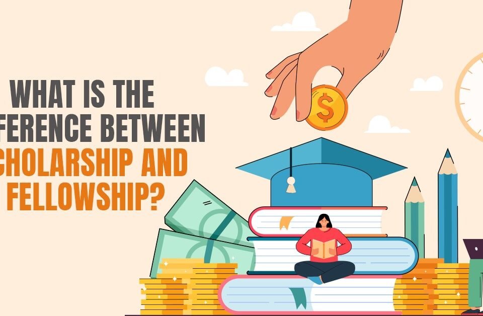 Illustration of students with books, money, and a graduation cap, highlighting the difference between scholarship and fellowship funding.