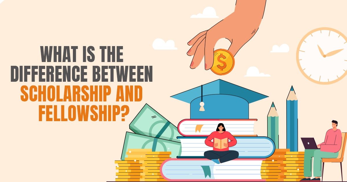 Illustration of students with books, money, and a graduation cap, highlighting the difference between scholarship and fellowship funding.
