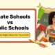 Smiling teacher holding books next to a comparison of private and public schools with the title 'Which is the Right Choice for Your Child?'
