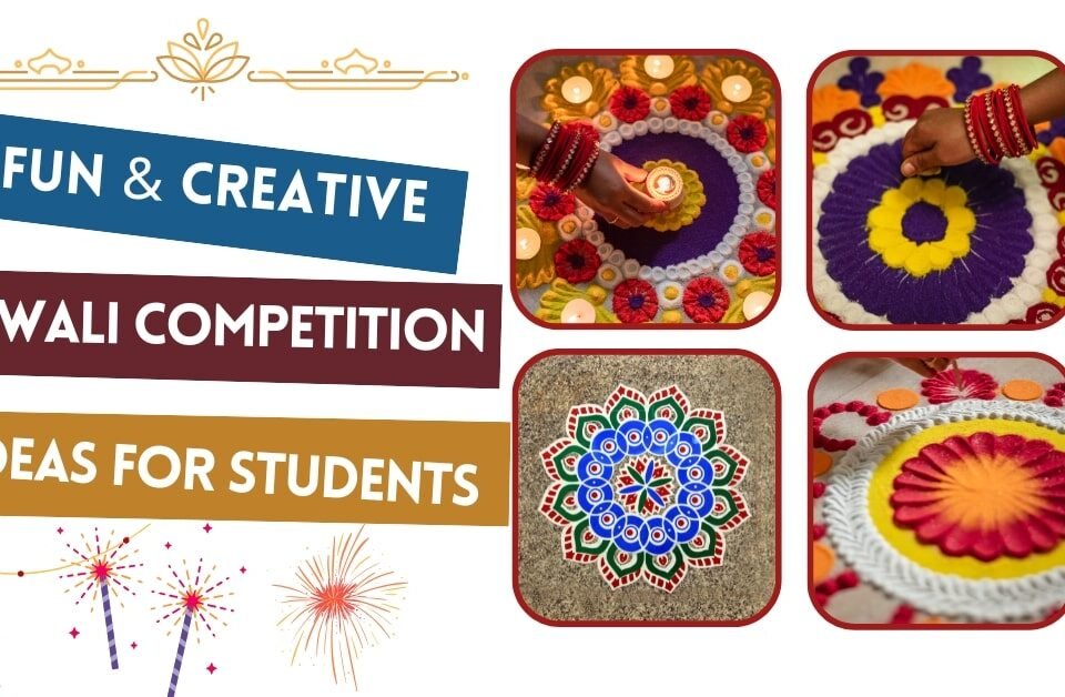 Creative Diwali competition ideas showing colorful rangoli patterns, traditional decorations, and fun festival activities for students