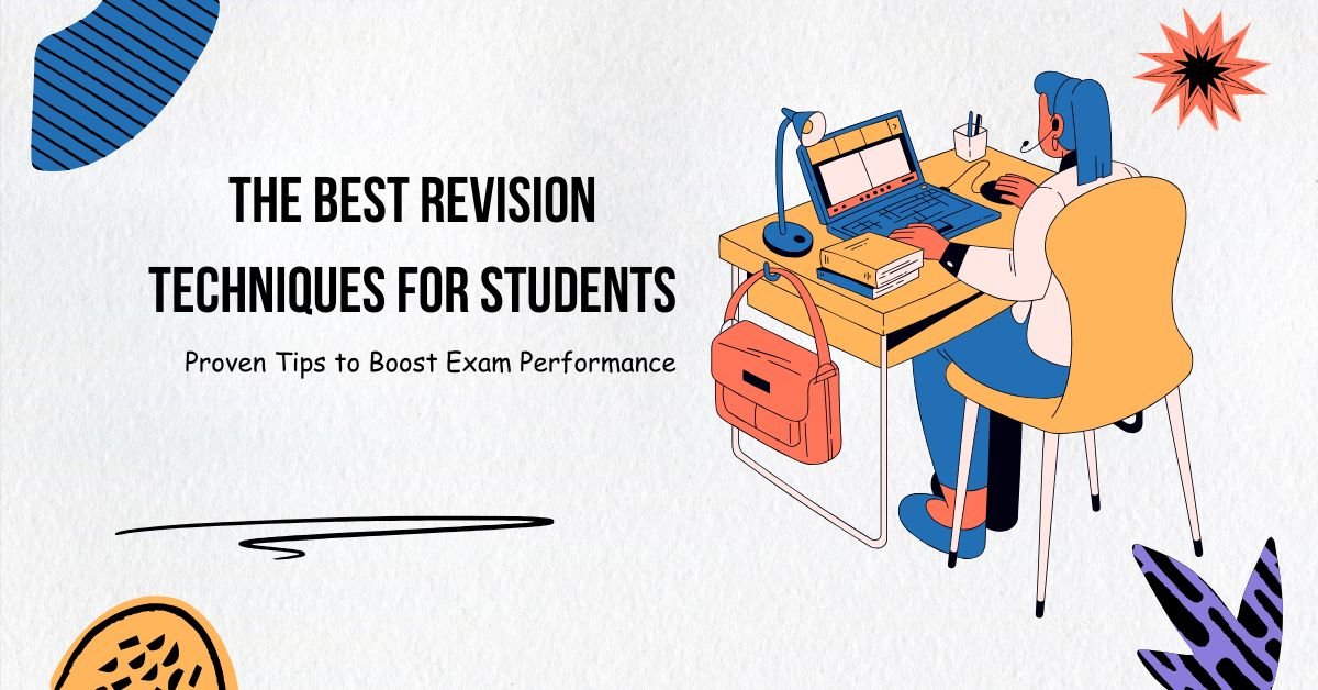 Student revising at a study desk with laptop and books – illustration representing the best revision techniques for students and exam preparation tips.