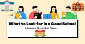 Illustration of parents and students with books highlighting what to look for in a good school