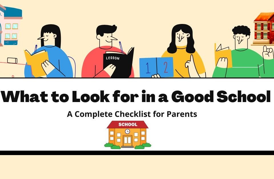 Illustration of parents and students with books highlighting what to look for in a good school