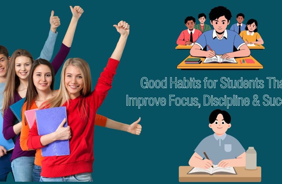 Group of happy students holding notebooks with illustrations showing good study habits that improve focus, discipline, and academic success.