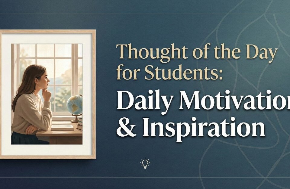 Inspirational illustration of a female student studying at a desk by a window with a globe, representing daily motivation and thought of the day for students.