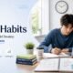 Student studying at a clean desk with laptop, books, notes, planner, and productivity elements representing effective study habits for academic success