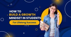 Smiling female student holding books with text about building a growth mindset for lifelong success
