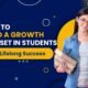 Smiling female student holding books with text about building a growth mindset for lifelong success