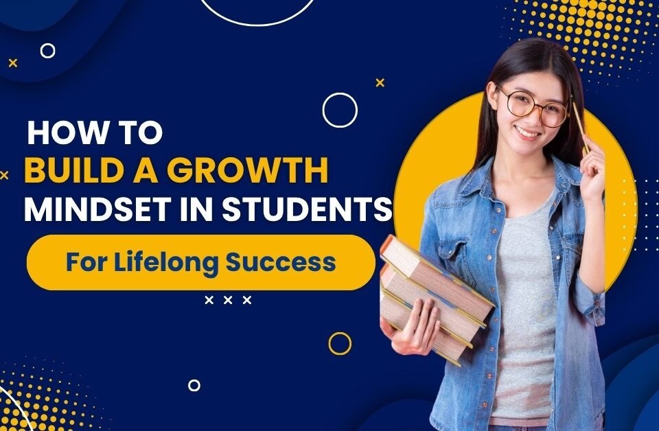 Smiling female student holding books with text about building a growth mindset for lifelong success