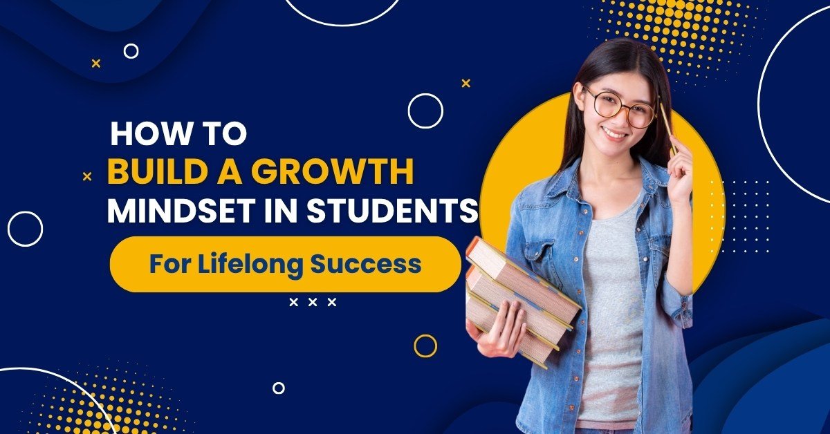 Smiling female student holding books with text about building a growth mindset for lifelong success
