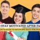 Group of smiling students, one wearing a graduation cap, holding a diploma and giving thumbs up, representing motivation and success after overcoming failure