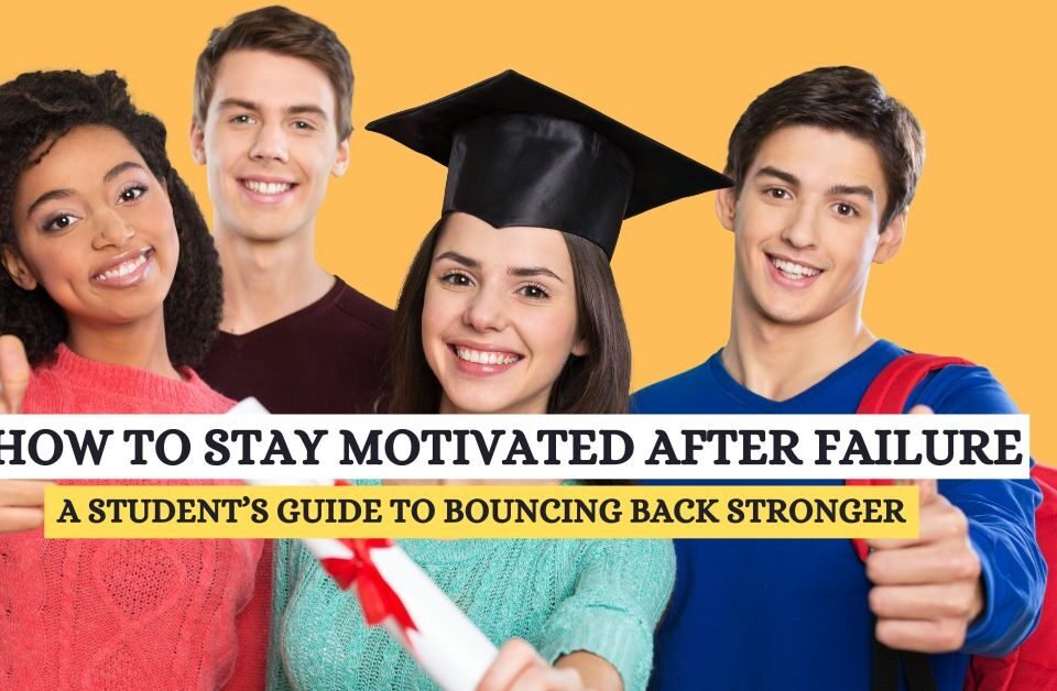 Group of smiling students, one wearing a graduation cap, holding a diploma and giving thumbs up, representing motivation and success after overcoming failure