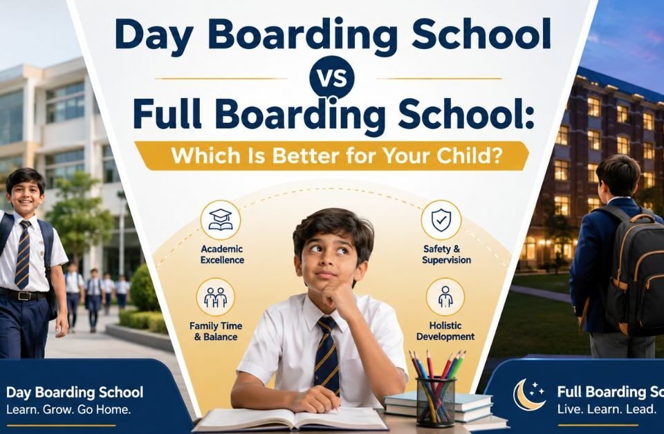 Comparison between day boarding school and full boarding school showing academic excellence, family balance, safety, supervision, and holistic development for children.