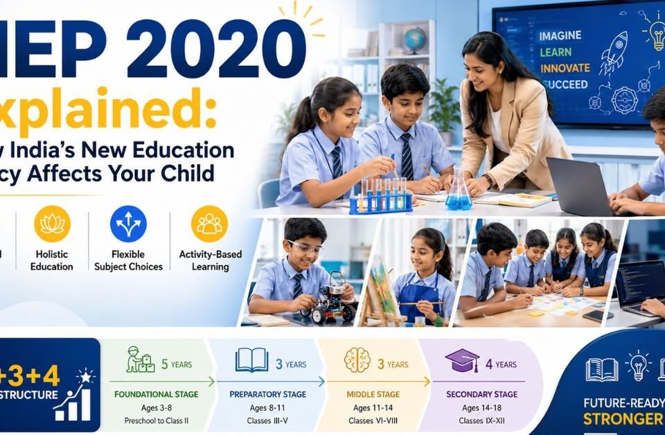 Modern classroom banner showing Indian school students and teacher engaged in activity-based learning under NEP 2020 with coding, science experiments, holistic education, and the 5+3+3+4 learning structure.